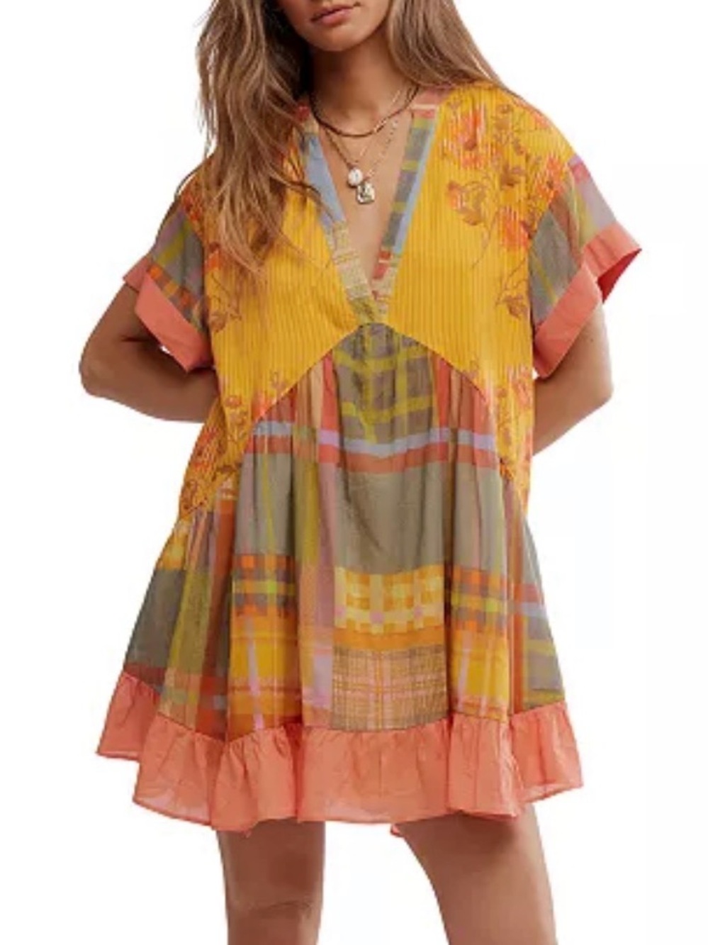 Free People Women's Agnes Printed V-Neck Cotton Oversized Dress in size S